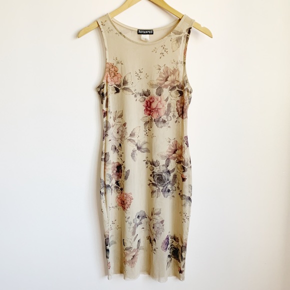 Revamped Dresses & Skirts - stretchy sheer nude mesh dress with flowers